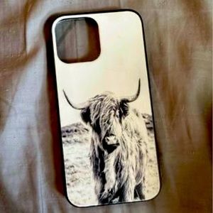 Highland cow case for iPhone 13 Pro Max. Black and white picture black sides